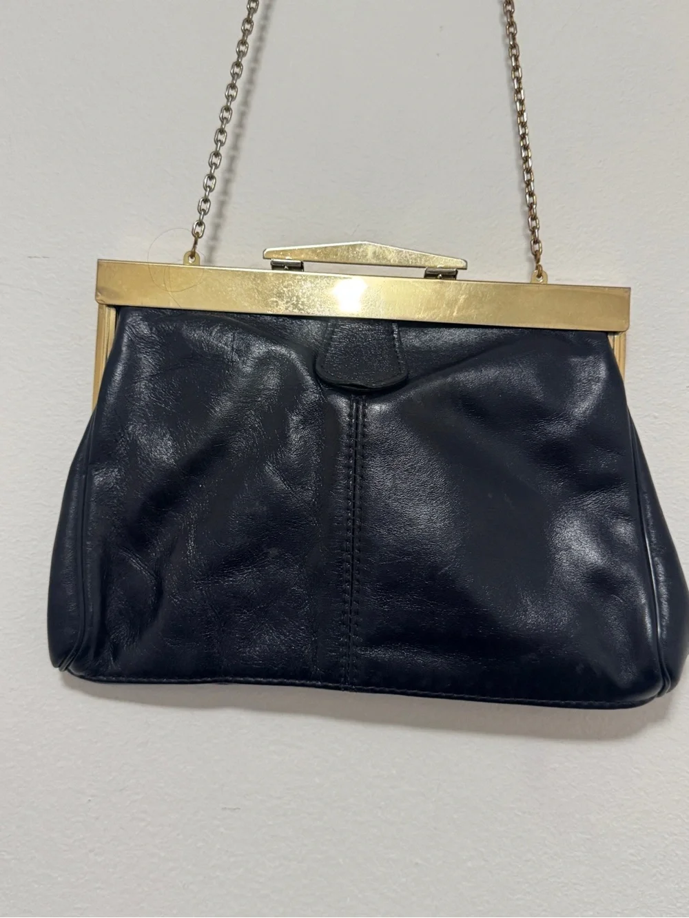 Letrice Vintage Black Leather Frame Clutch Shoulder Bag Gold Tone‎ Chain Purse